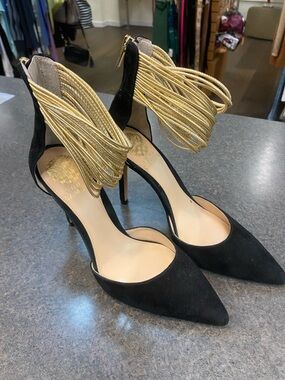 Vince Camuto Black Pointed-Toe Stiletto Heels with Gold Strap Ankle Detail